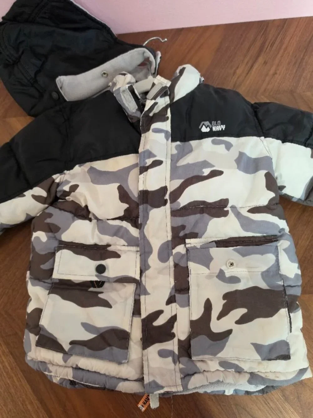 Kids winter coat with black and white camo print